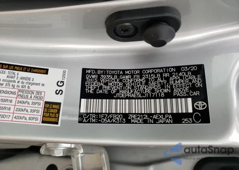 2020 Toyota Corolla Le z USA, uszkodzony, nr VIN JTDEPRAE5LJ117118